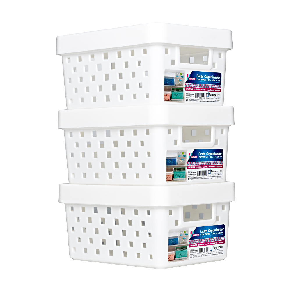 KIT 3 CESTOS ORGANIZADORES COM TAMPA 19X14X10CM