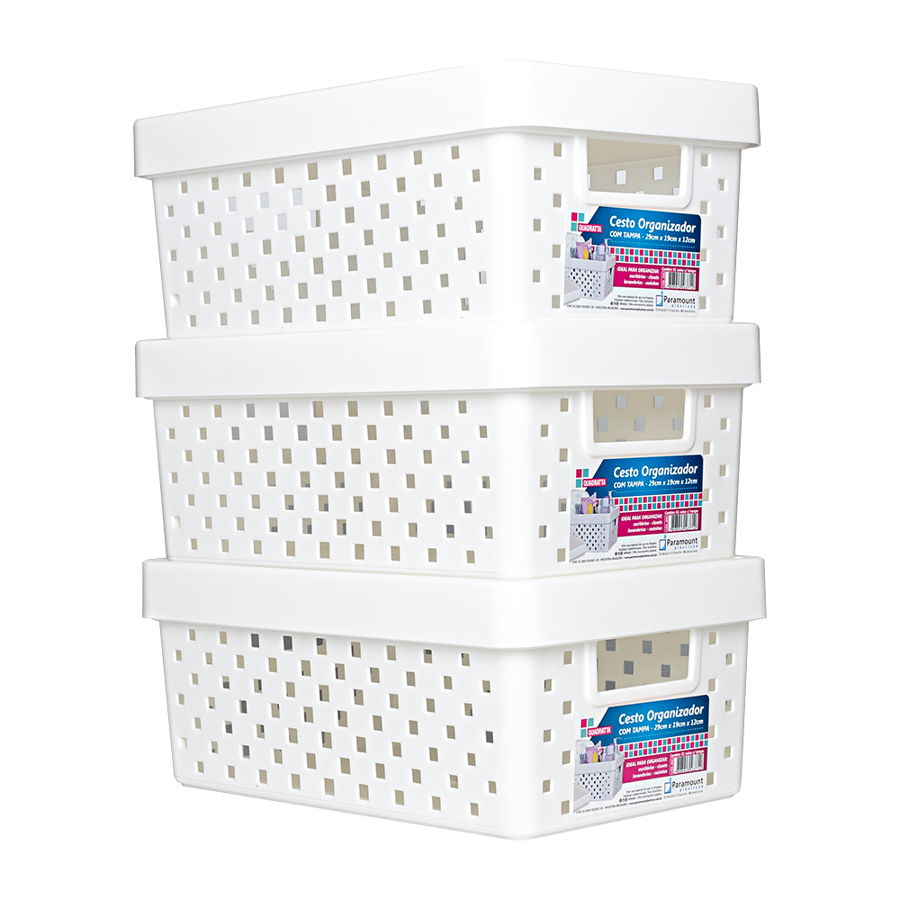 KIT 3 CESTOS ORGANIZADORES COM TAMPA 29X19X12CM