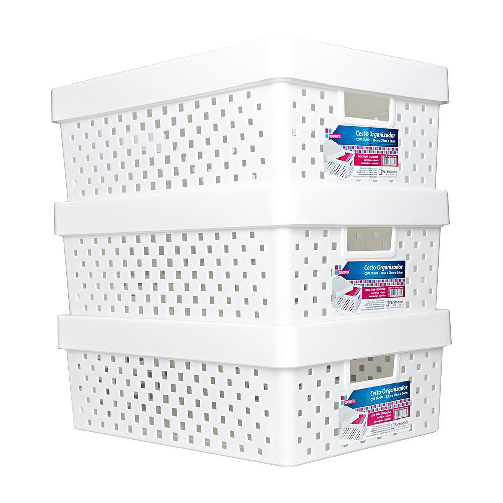 KIT 3 CESTOS ORGANIZADORES COM TAMPA 39X29X14CM