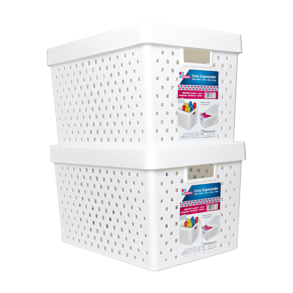 KIT 2 CESTOS ORGANIZADORES COM TAMPA 39X29X24CM
